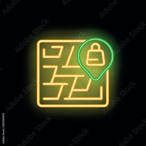 Glowing neon green location pin marking locked destination on top of a maze