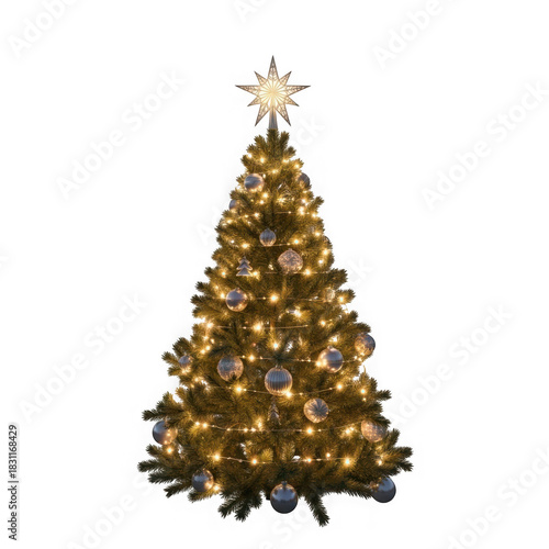 Decorated Christmas tree with warm fairy lights and silver ornaments isolated on a transparent background