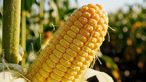 Ripe Yellow Corn Cob Growing in a Sunny Agricultural Field.