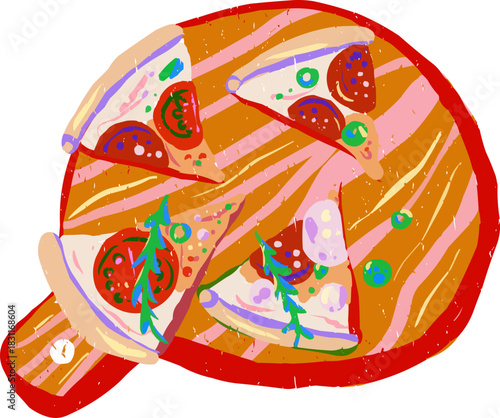 Textured Doodle Full Color Italian Pizza on Wooden Board