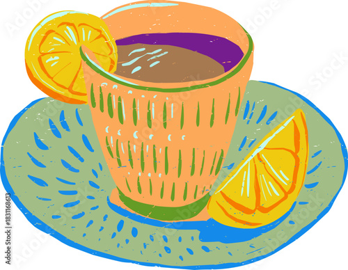 Grunge Textured Doodle Gold Tea Cup Saucer with Lemon