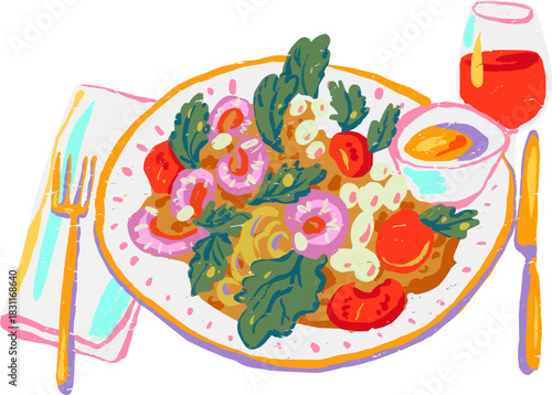 Doodle Plate Seafood Salad Sauce Red Wine Glass