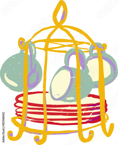 Doodle Three Blue Cups Plates Hanging on Gold Stand