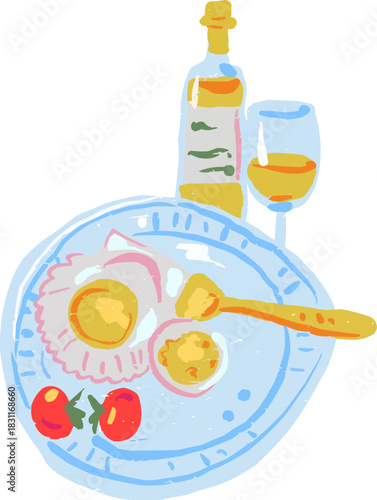 Textured Doodle Scallops on Plate White Wine Glass Bottle