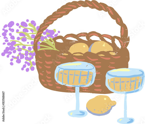 Textured Doodle Basket Lemons Lavender Two Lemonade Glasses