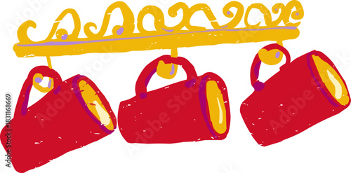 Textured Doodle Three Red Cups Hanging on Golden Rack