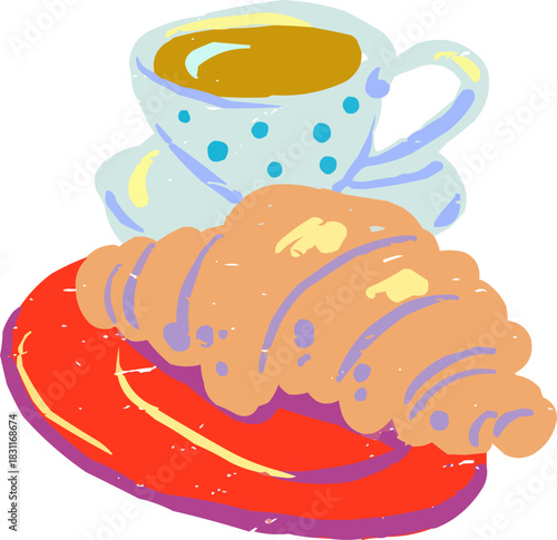 Full Color Textured Doodle Croissant on Red Plate Cappuccino