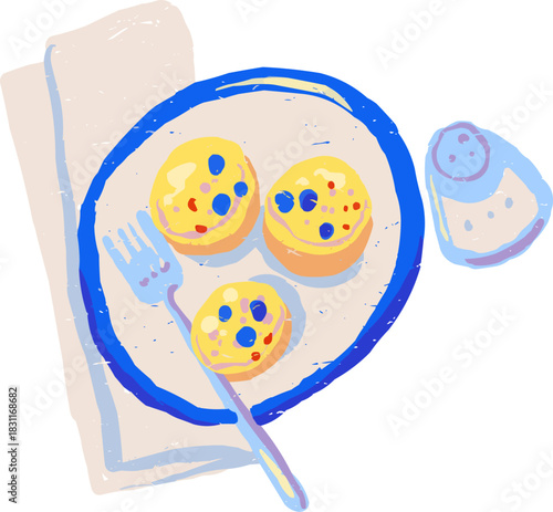 Full Color Textured Doodle Three Pancakes on Plate Napkin