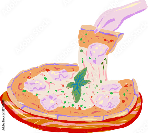 Hand-Drawn Doodle Pizza with Cheese Slice Holding Hand