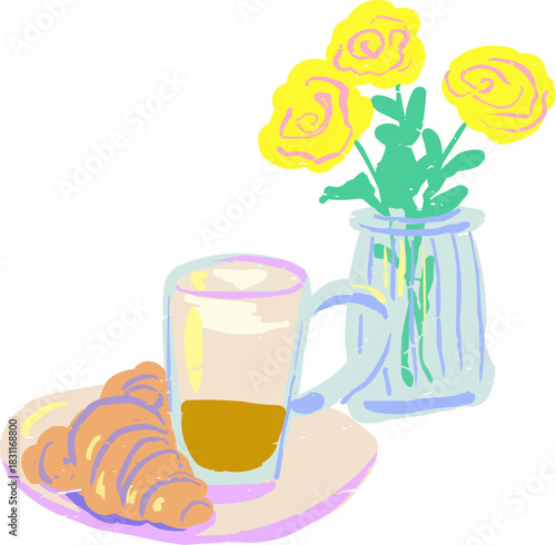 Doodle Coffee Croissant Composition with Flower Vase