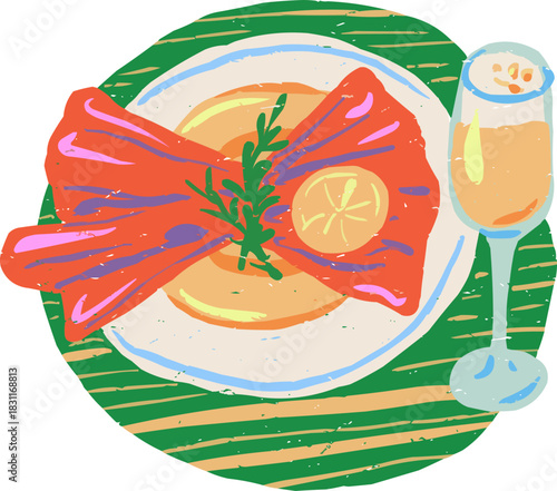 Textured Doodle Christmas Table Setting Red Napkin Gold Plate