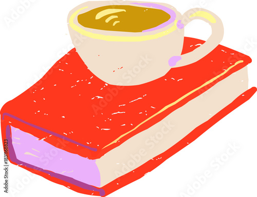 Distressed Doodle Coffee Cup on Red Book Reading