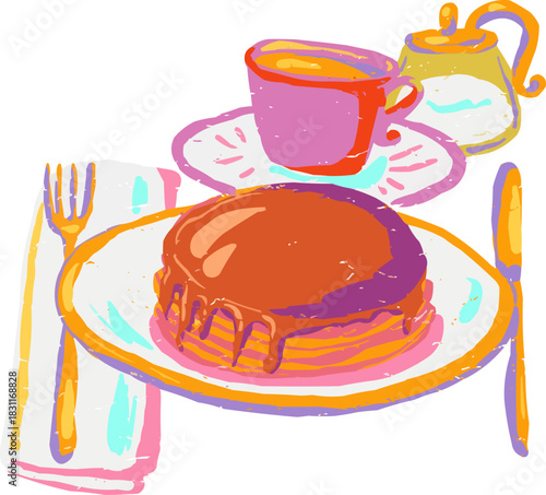 Doodle Pancake Chocolate Sauce Coffee Cup Sugar Jar