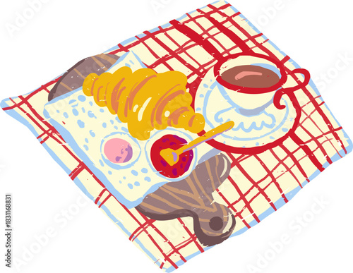 Doodle Coffee Cup Striped Tablecloth Croissant Jam Board