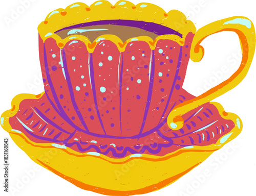Textured Doodle Full Color Red Tea Cup with Saucer