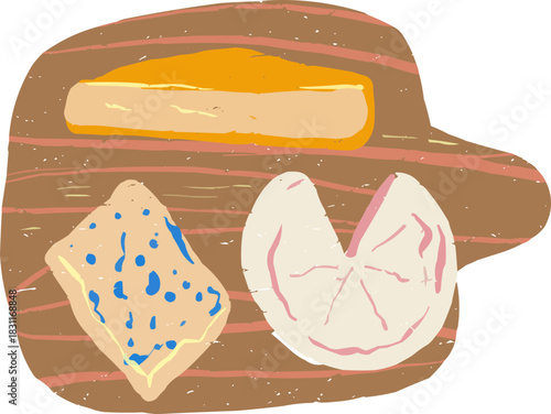 Doodle Three Different French Cheeses on Wooden Board