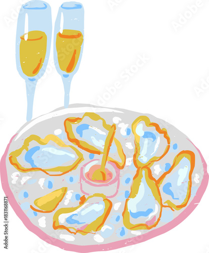 Doodle Oysters on Ice with Two Glasses of Champagne