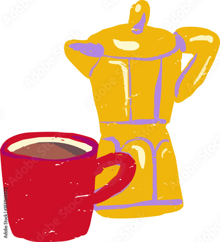 Doodle Red Coffee Cup with Gold Italian Moka Pot