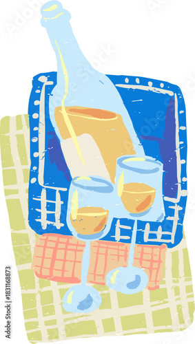 Textured Doodle Basket Lemonade Bottle Two Empty Glasses