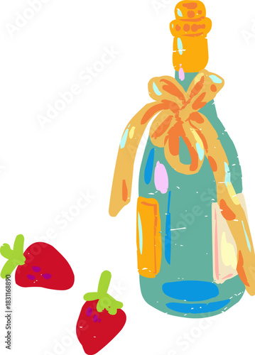 Textured Doodle Champagne Bottle Bow Fresh Strawberry