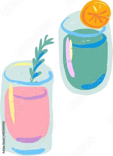 Textured Doodle Two Pink and Green Cocktail Glasses