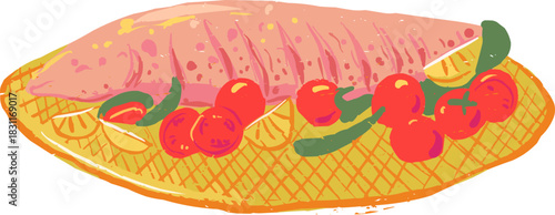 Textured Doodle Gold Tray Whole Salmon Fish and Vegetables