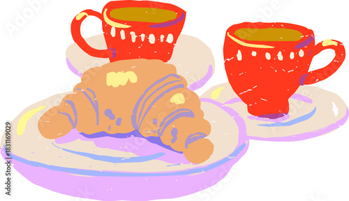 Doodle Two Red Coffee Cups and Delicious Croissant