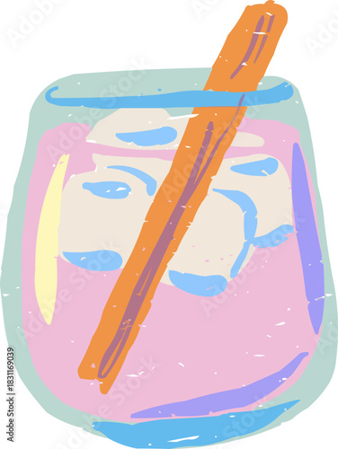 Textured Doodle Cocktail with Ice Cubes Cinnamon Stick