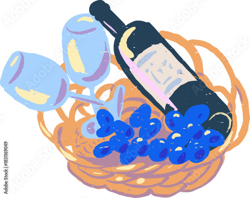 Textured Doodle Wicker Basket Two Glasses Grapes Wine Bottle