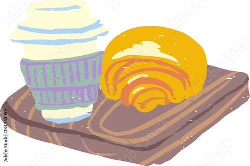 Doodle Coffee To Go Cup Croissant on Wooden Board