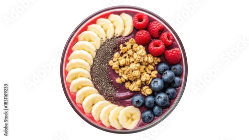 Top view of colorful aa bowl with banana, berry, and granola isolated on transparent background