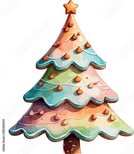 A colorful gingerbread Christmas tree with pastel icing layers, candy drops, and a star topper creates a whimsical festive decoration.
