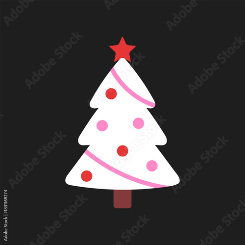 Vector illustration of cute white Christmas tree with pink and red decorations, pink garland, and a red star on top, isolated on black background. New year festive holiday clipart in flat style.