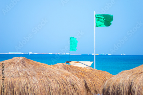 Wallpaper Mural Green safety flags fly above straw umbrellas on a Hurghada beach as calm turquoise waters meet a clear blue sky, with distant ships lined on the Red Sea horizon at midday under steady winds Torontodigital.ca