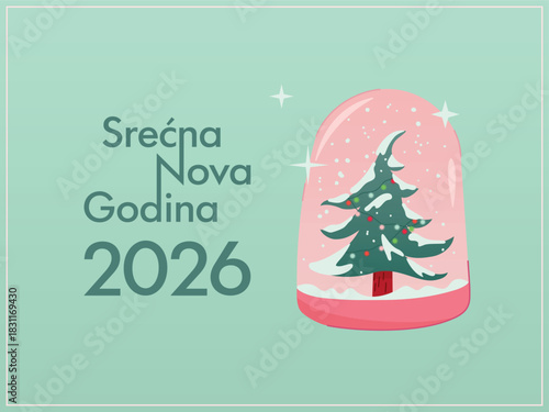 Cute cartoon Happy New Year greeting card for serbian speaking countries including fir tree with a tilted top that grows in Serbia. Srećna Nova Godina čestitka. Minimalistic pastel colors flat design.