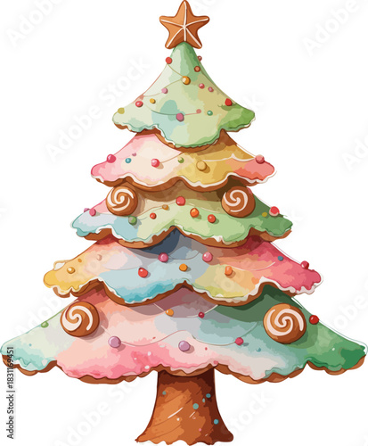 A colorful, cookie-like Christmas tree decorated with frosting layers, candies, and a star topper stands in a whimsical, festive style.