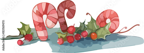 A festive illustration features three curled, candy-cane-striped shrimp surrounded by holly leaves, red berries, and a soft blue surface beneath them.
