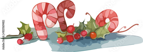 A festive illustration features three curled, candy-cane-striped shrimp surrounded by holly leaves, red berries, and a soft blue surface beneath them.