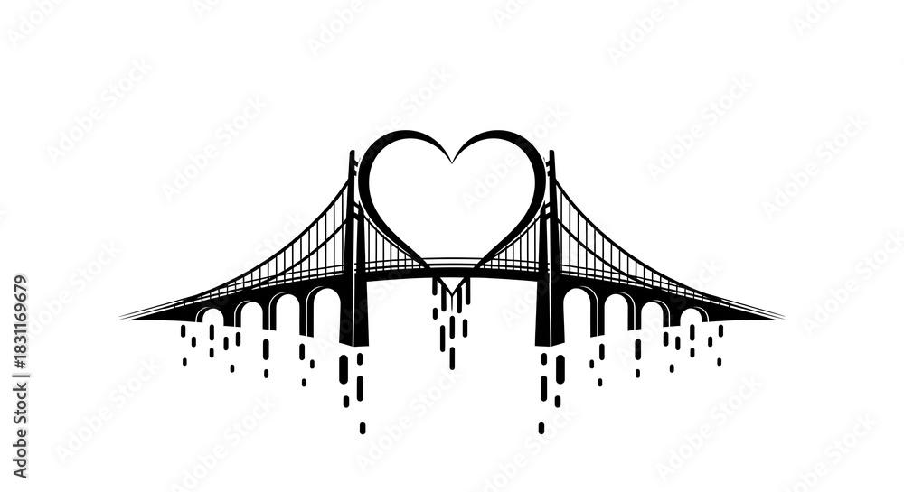 Fototapeta premium Black bridge silhouette with heart shape and dripping effect on a white background illustration