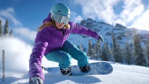 Ski resort shoot, snowboarder carving spray, alpine peaks, crisp winter action, with copy space