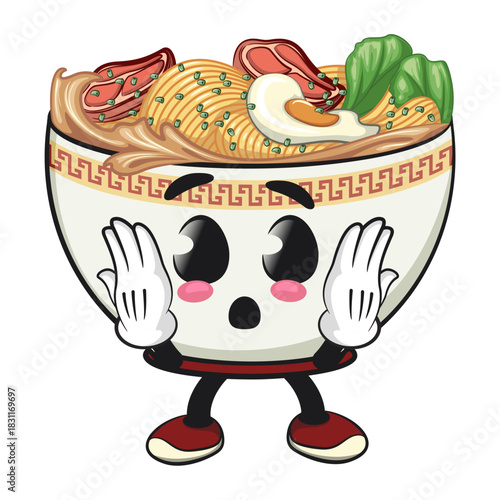 cute ramen noodle bowl mascot surprised, kawaii asian food cartoon vector illustration, work of hand drawn