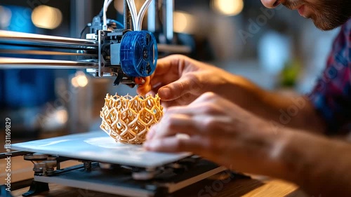 Startup lab shoot, 3D printer in action, prototype on tray, creator’s hands, innovation moment, with copy space