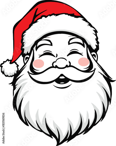 Cheerful vector illustration of Santa Claus's face. Features a happy smile, rosy cheeks, and classic red hat, beard, and mustache. Perfect icon for holiday greetings, stickers, and seasonal use.