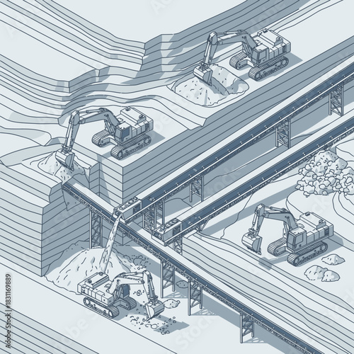 Isometric illustration of an open-pit mining operation with excavators and conveyor belts transporting materials.