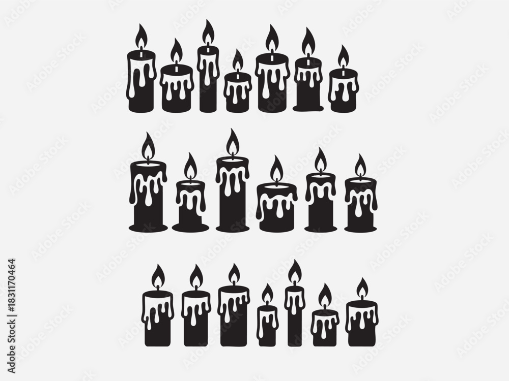 Fototapeta premium Stylized black candle silhouettes with melting wax and flame Vector