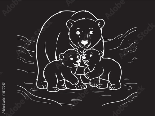 Mama bear and two playful cubs in a cute cartoon style Vector