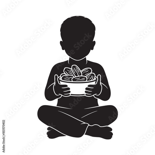 Silhouette of a young boy holding a bowl of dates flat vector illustration for Ramadan isolated on white background