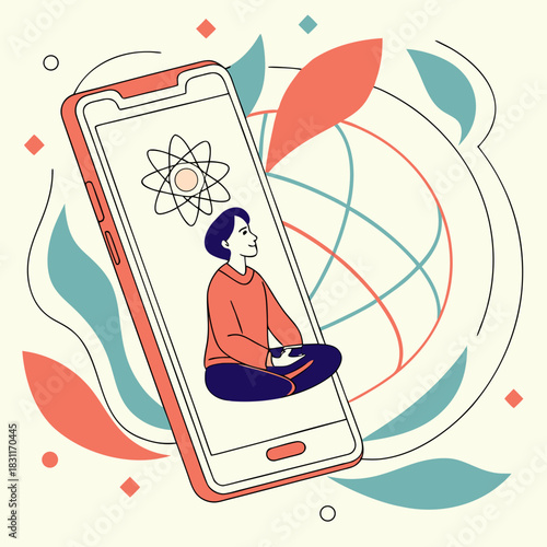 Online Meditation & Mindfulness Vector: Digital Mental Health App or E-learning Concept. Flat Illustration for Yoga, Psychology & Wellness.