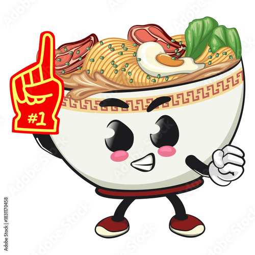 cute ramen noodle bowl mascot raise foam finger, kawaii asian food cartoon vector illustration, work of hand drawn
