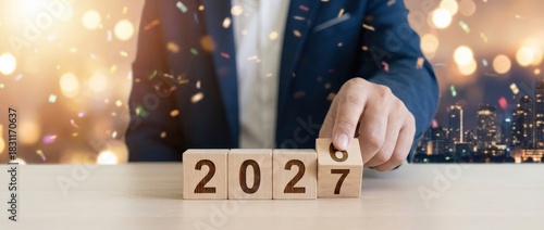 Businessman setting the year 2027 with wooden blocks, celebrating new year with confetti and city lights Concept of business, planning, and future